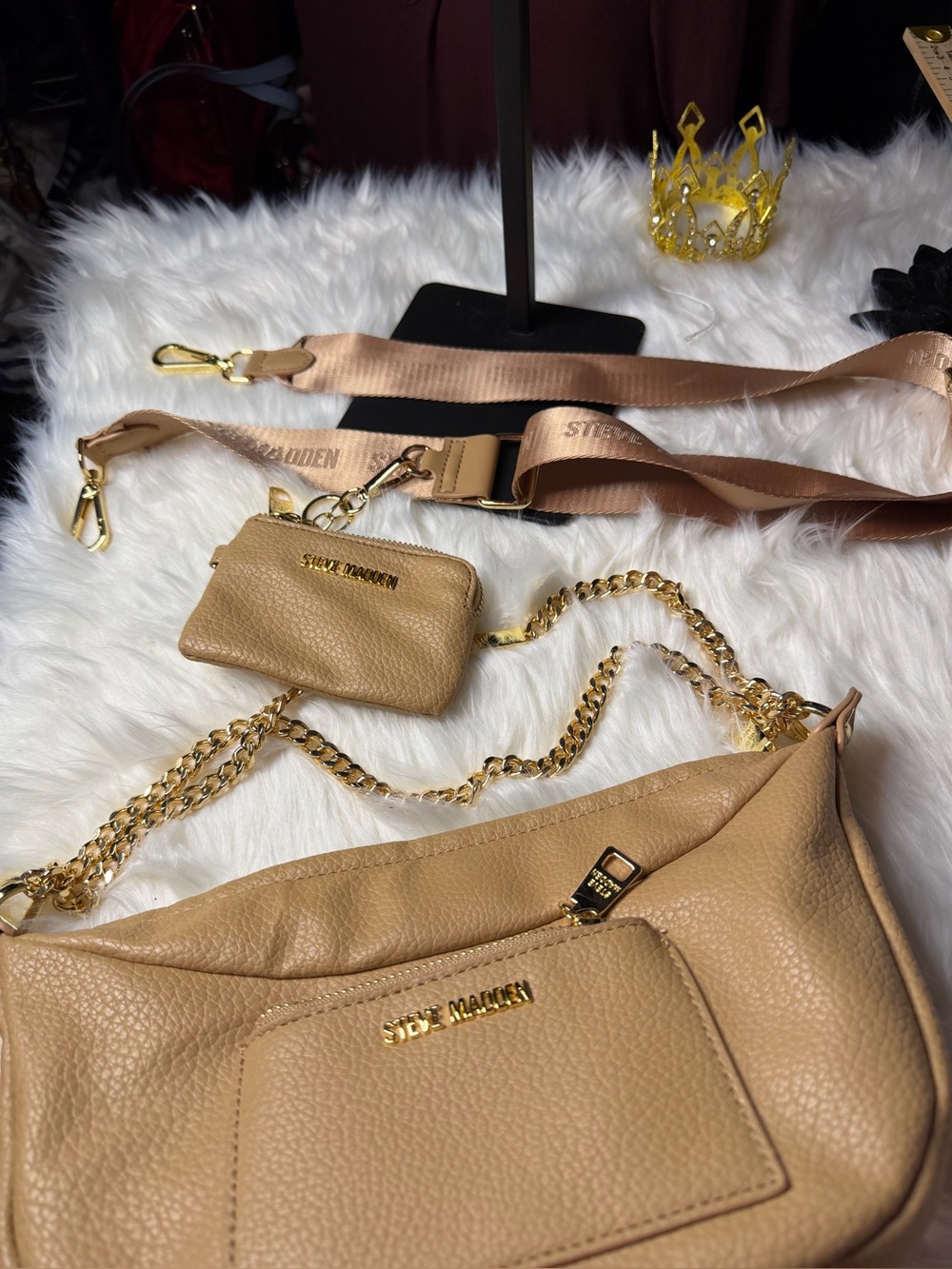 Steve Madden Beige/Tan Leather Shoulder and Crossbody Bag with Coin Pouch